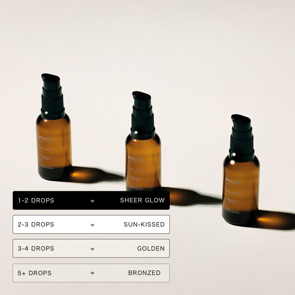 Woods Copenhagen Sun Drops - 30ml bottle, natural self-tanning for all skin types.