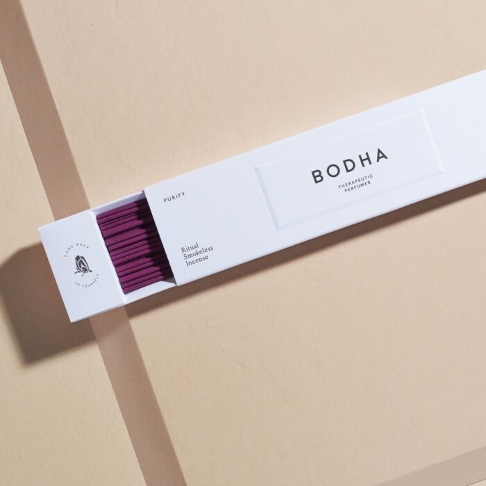 BODHA Purify Ritual Smokeless Incense - A compostable box of 50 x 25-minute incense sticks with floral, woody, and incense aromas.