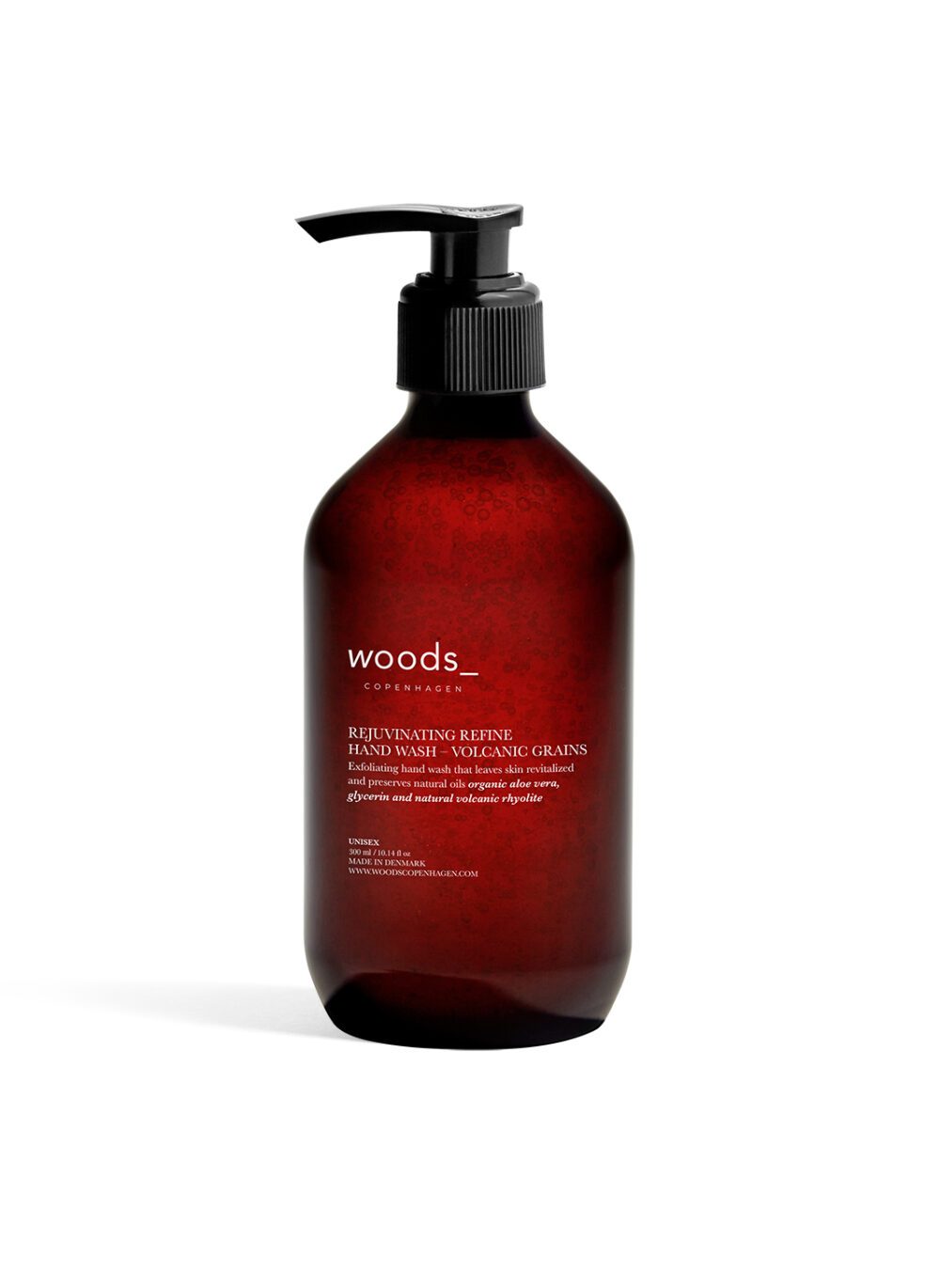 Woods Copenhagen Volcanic Grains Hand Wash - Exfoliating hand wash with volcanic rhyolite micro grains. Fresh mint scent.